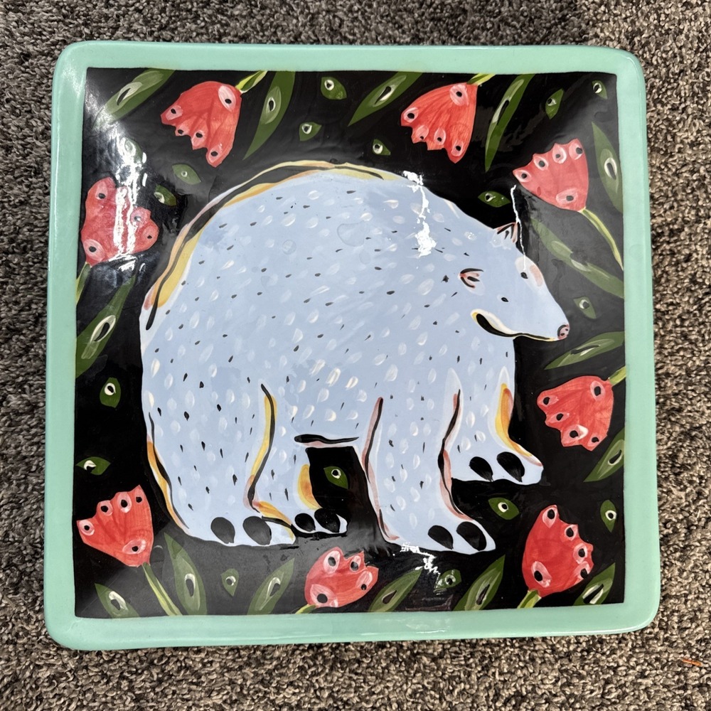 Droll Designs Hand Painted Decorative Square Plate - Bear & Flowers 11.25"